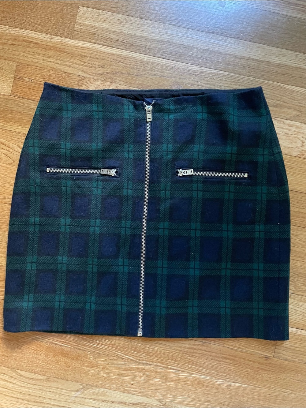 Madewell Green and Navy Plaid Zip-Front Mini Skirt